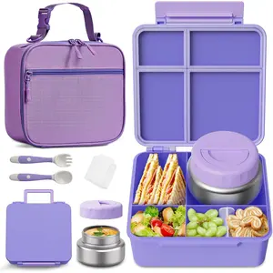 Bento Box for Kids with Thermo Food Container (9oz), 4-Compartment Box, Divider, Leakproof Bento Box, Includes Utensils & Carry Bag for School, Office(Purple)