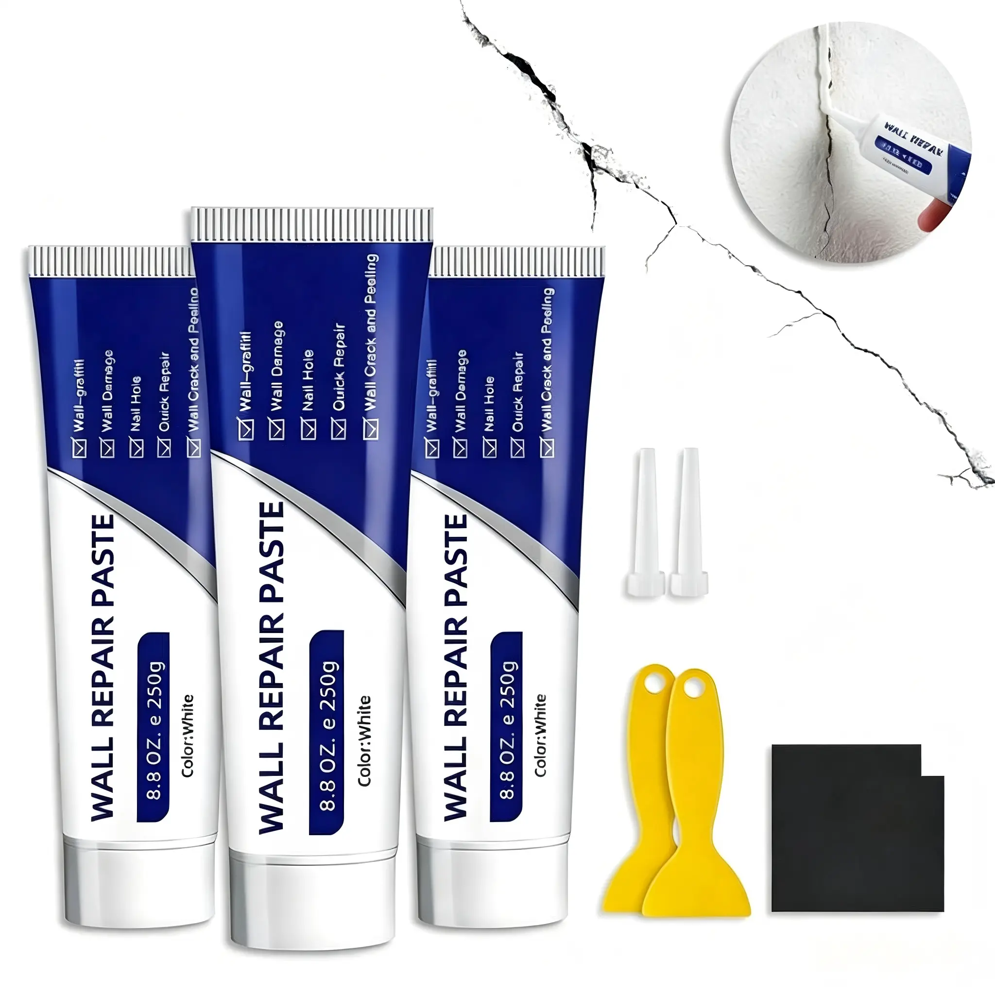 1/2/3 PCS 250g Quick Dry Wall Repair Paste Kit, White Drywall Filler Mending Compound with Scraper Sandpaper for Nail Holes Cracks Peeling Paint Home Wall Repair