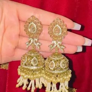 Women's Golden Polki Jhumke - Traditional Indian Bridal Statement Earrings for Wedding Occasions