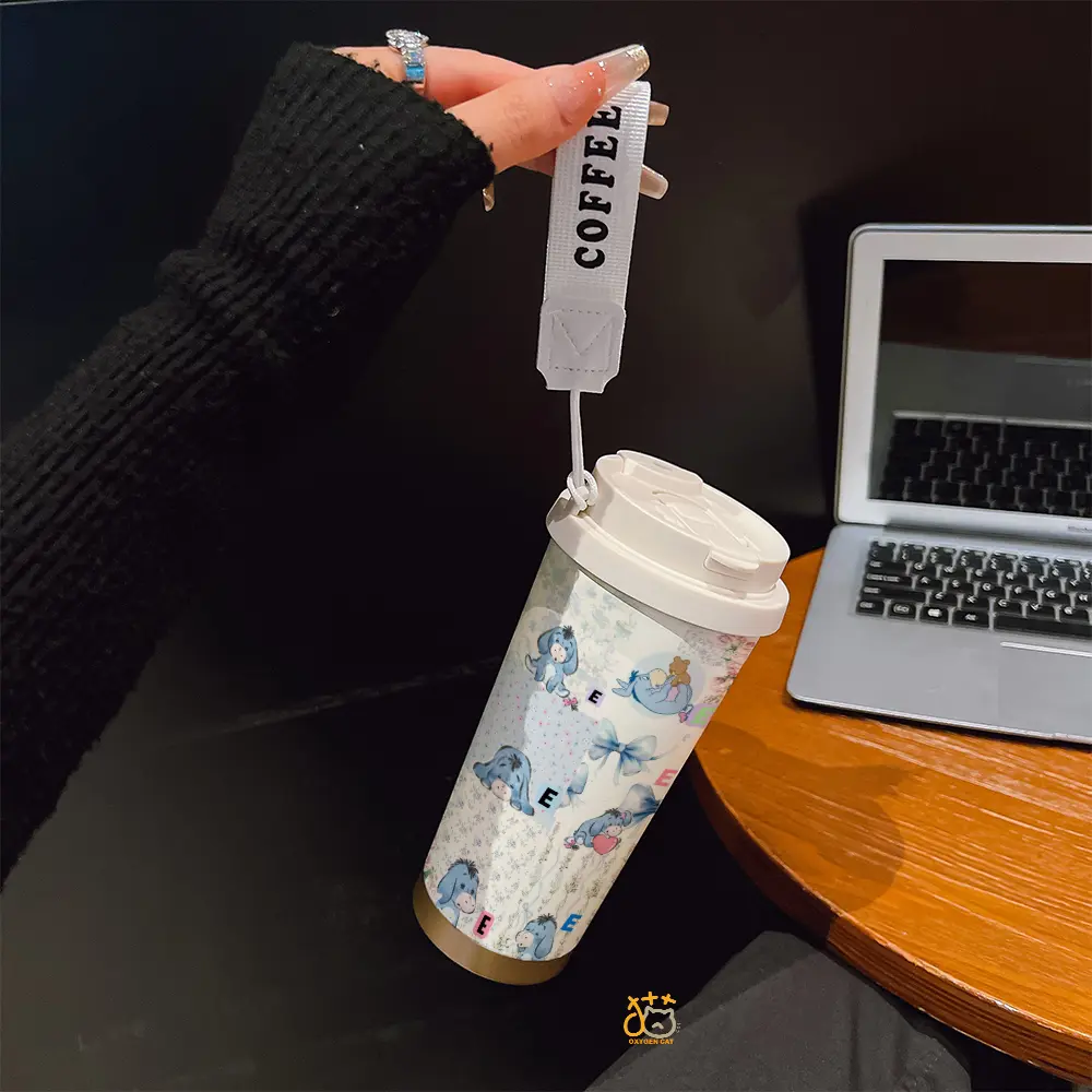 Coffee mug ~ 530 ml / 17.92 oz insulated mug，Eeyore Blue Floral Bow & Heart Pattern PrintDouble-walled, leak-proof, travel mug with handle, Tumbler; perfect for coffee lovers, art enthusiasts, sports enthusiasts, and those seeking a gift.