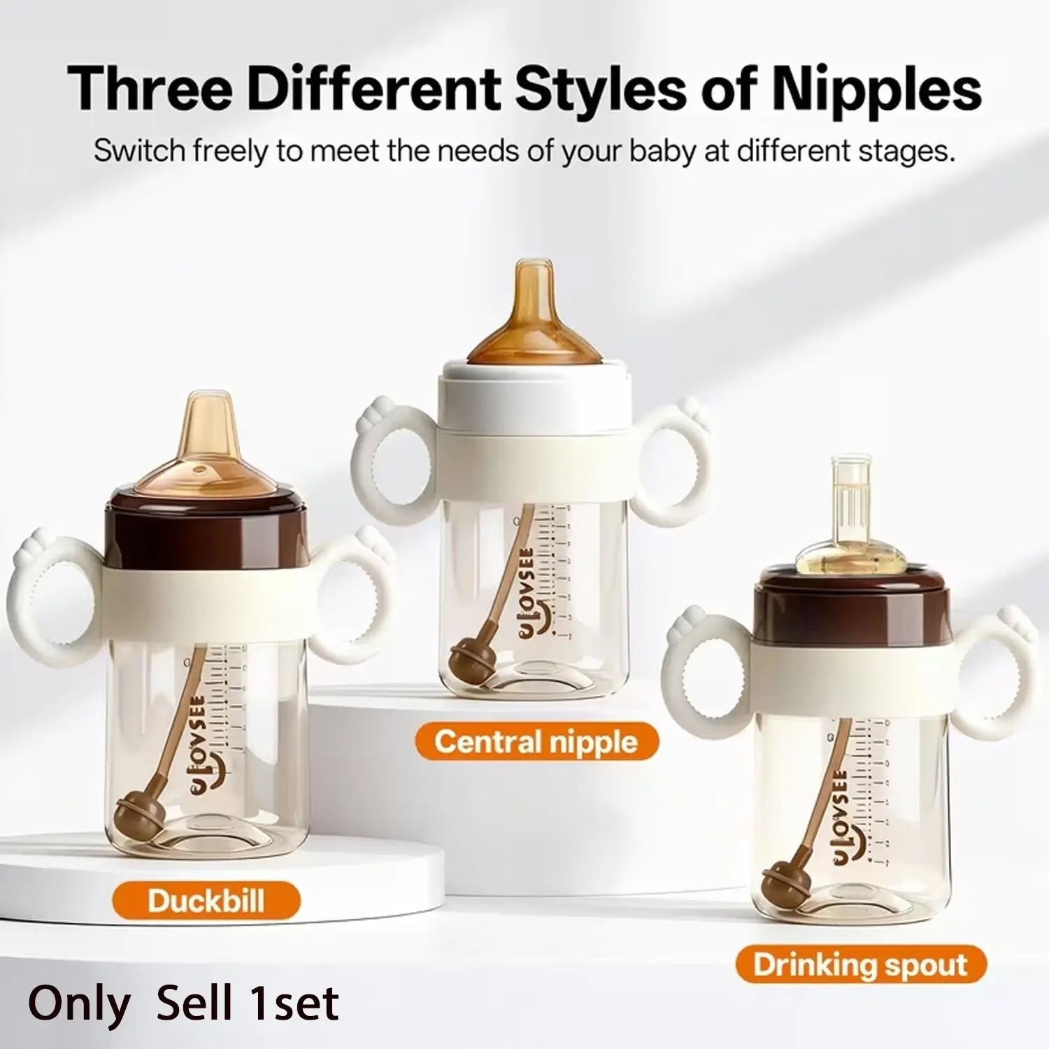 3-In-1 Wide Mouth Ppsu Baby Milk Bottle with Duckbill Nipple, Handle Bottle, Suitable for 6 Months to 3 Years, Ideal for Feeding and Drinking