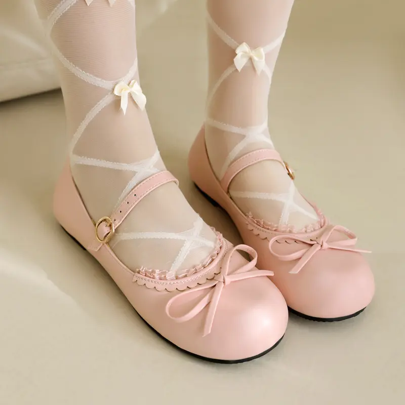 Spring Autumn Pink White Mary Janes Flat Shoes Woman Round Toe Buckle Strap Lolita Girls Student Ballet Flats Plus Size 43 44 45