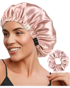 Adjustable Satin Bonnet Double Layer Hair Bonnet for Sleeping Bonnets for Women Hats Curly Natural Hair, Blush Pink