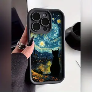 Phone Case: Suitable for iPhone 17 E Air Pro ProMax iPhone16 15 14 Plus 13 12 Mini 11 X XS XR, Black, Featuring a Cat Looking at the Stars from Among Tall Bamboos