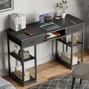 Small Computer Desk Modern Simple Style Home Office PC Table with Fabric Side Bag, Headphone Hook, Metal Frame & Adjustable Feet, Bedroom Writing Study Desk with Storage Space for Small Space Apartment