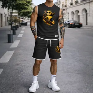 Men’s Cartoon Panda Graphic Print Summer Set Sleeveless Tank Top & Shorts Matching Outfit, Skateboard Style Animal Print Lightweight Casual Streetwear Athletic Set for Everyday & Holiday