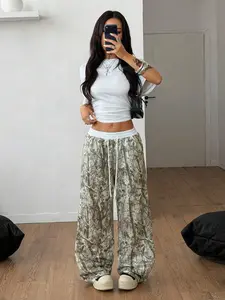 Women's American Street Style Vintage Camo Full Print Casual Comfy Loose Wide Leg Straight Pants, Casual Daily Wear, Reunion School Fashion