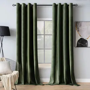 Velvet Curtains Olive Green Elegant Grommet Curtains Thermal Insulated Soundproof Room Darkening Drapes for Classical Living Room Bedroom Decor 52 x 84 Inch Set of 2