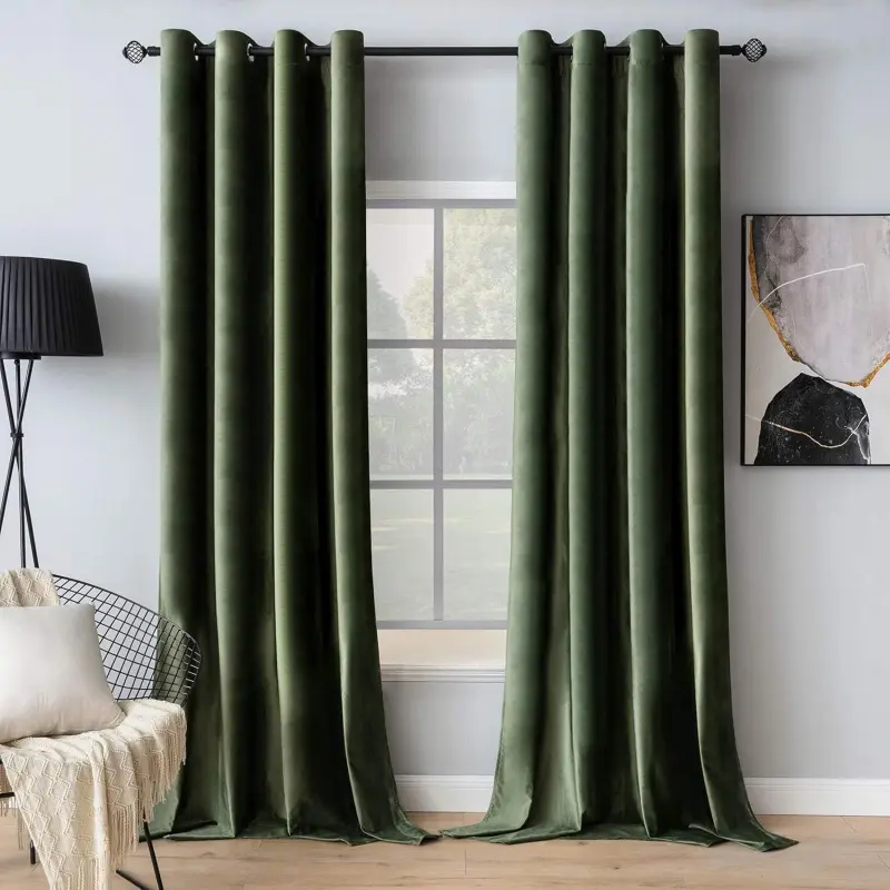 Olive Green Velvet Curtains, 52x84 Inch Grommet Top Drapes, Thermal Insulated Soundproof Room Darkening Panels for Classical Living Room, Bedroom Decor (Set of 2)