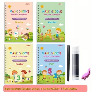 4 Magic Reusable Grooved Handwriting Copybooks - Magic Writing Practice Books with 1 Pen, 1 Handle &6 Refills | School & Educational Supplies for Early Childhood Education