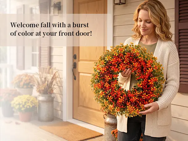 Thanksgiving Fall Wreath with Berries & Leaves, Hook Included, Festive Home Decor for Porch Wall, Room Decor