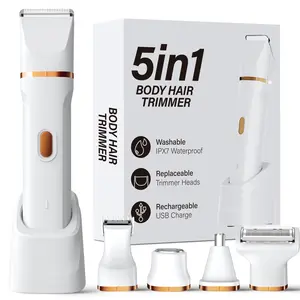 KINGTEE 5-in-1 Electric Bikini Trimmer for Women – IPX7 Waterproof Shaver, Cordless Body & Facial Razors for Women, Ceramic Blades, USB-C Rechargeable, Painless Hair Removal Kit (White)