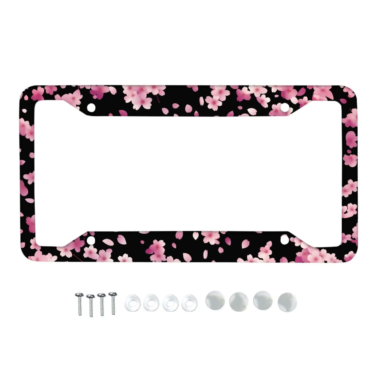 GEPRINT Premium Aluminum Alloy License Plate Frame - 4-Hole, Rustproof, Weatherproof, Black Background with Pink Sakura Print, Universal Fit for Cars/SUV/Truck, US Standard, Tool-Free Secure Mounting, Edgy Girly Car Accessory
