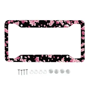 Cherry Blossom License Plate Frame 4 Hole Premium Aluminum Alloy Rustproof Weatherproof Black Background Pink Sakura Print Cover Universal US Standard Easy Hanging Install With Screws Edgy Yet Girly Car Accessories