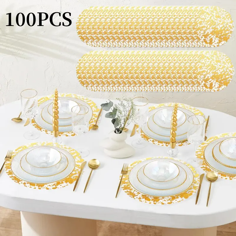 100 Pack Disposable Gold Placemats Set Metallic 13 Inch Round Foil Mesh Pressed Table Doilies, Ultra-Thin Disposable Placement Mats for Home Decoration Dining Table Wedding Birthday Party