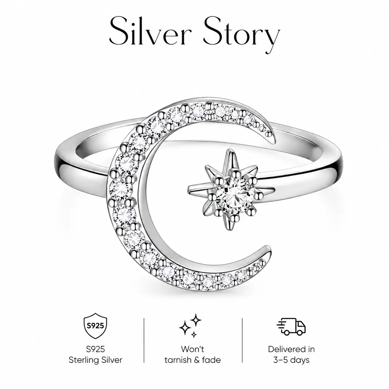 Women's Dainty 5A Cubic Zirconia Moon & Star Adjustable Open Ring, Elegant Sterling Silver Everyday Wear Fashion Jewelry Gift, Charming
