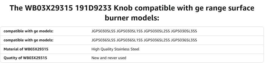 WB03X29315 Knob Compatible with ge Stove Knobs Replacements,Fit Models JGP5030SLSS JGP5036SLSS JGP5030SL1SS JGP5036SL1SS, Cooktop Knobs Replacements Gas Range Oven Surface Burner Control Knob 5Pcs
