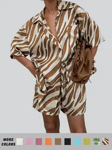 Women's Solid / All Over Print Co-ord Set, Casual Short Sleeve Button Front Shirt & Tie Front Pocket Shorts Two-piece Set, Women's Clothes for Summer Daily Wear, National Day Clothing