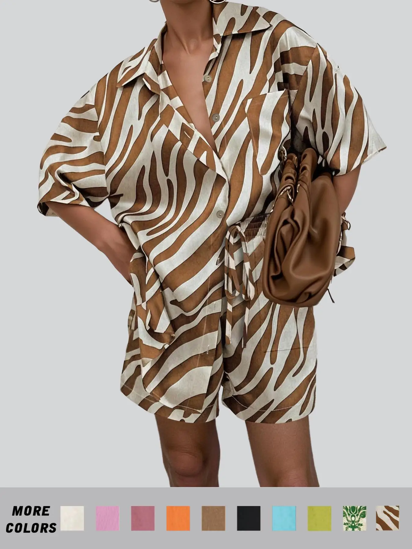 Women's Solid / All Over Print Co-ord Set, Casual Short Sleeve Button Front Shirt & Tie Front Pocket Shorts Two-piece Set, Women's Clothes for Summer