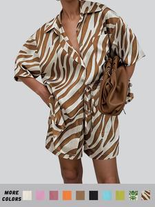 women's solid / all over print co-ord set, casual short sleeve button front collared shirt & tie front pocket shorts two-piece set, women's clothes for summer daily wear, national day clothing, vacation sets, aesthetics womenswear, outfit