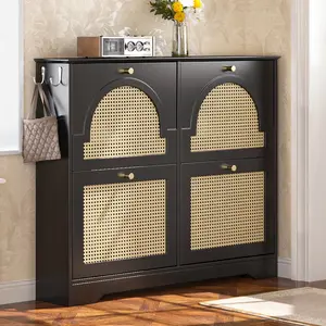 Fahuac Mid-Century Narrow Shoe Cabinet - 4 Rattan Flip Drawers, 2-Hook Hanging Tipping Bucket, 42.1x8.3x35.4" MDF Frame Freestanding Organizer, Ventilated Storage Organization for Entryway/Hallway, Black Apartment Accessories