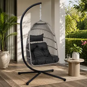 Outdoor Egg Hanging Chair with Stand, Patio Wicker Swing Chair, Indoor Swinging Egg Chair, PE Rattan Iron Frame, Waterproof Fabric Cushion, 350 lbs Capacity, Black Gray, for Garden Living Room Porch, Black+ Gray Color Options