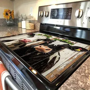 [Whimsical Cow Stove Cover]1pc Whimsical 2D Flat Cow with Leaf Crown Rubber Stove Cover Protector,Dairy-Themed Design for Farm Kitchens, Cafes & Homes, Pastoral Charm, Stove Top Protector|Playful Kitchen Decor