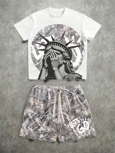 Men's New York Statue of Liberty Graphic Print Fitted Short Sleeve T-Shirt & Drawstring Shorts Set, Street Style Summer, Trendy Casual Wear