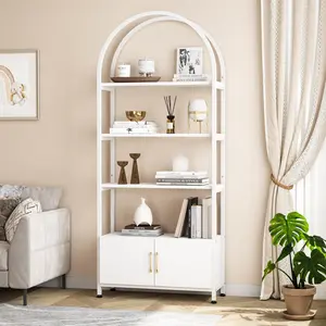 Garvee Industrial Style Bookshelf with Arched Metal Frame and Wooden Shelves, Featuring Storage Cabinet, Ideal for Living Room, Home Office, or Bedroom