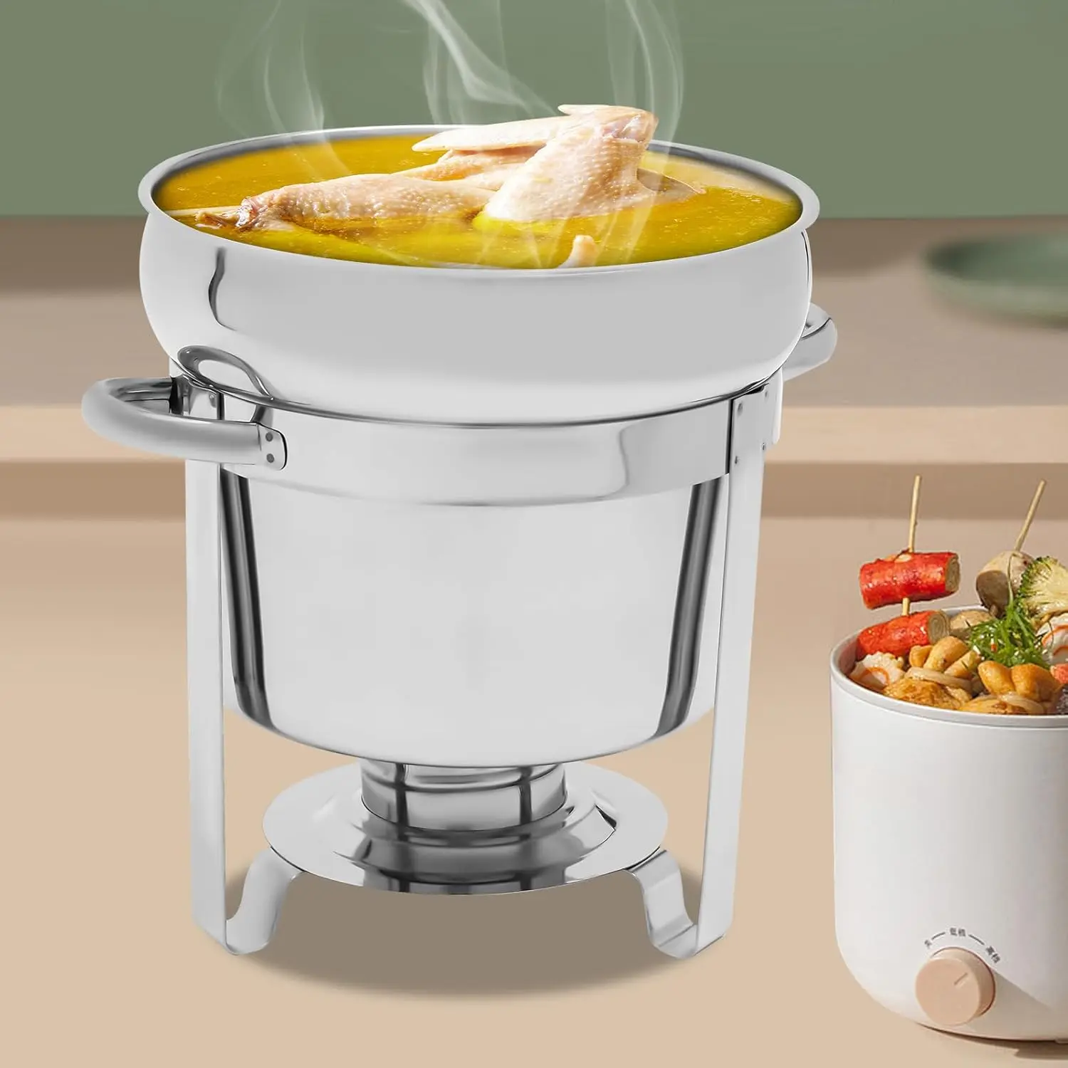 LYNICESHOP 11L Portable Commercial Stainless Steel Round Silver Soup Chafer Set, Anti-Rust Heatproof Cookware Pot with Lid, Stainless Steel Kitchen Tool for Parties, Banquets (Includes Alcohol Fuel Can)