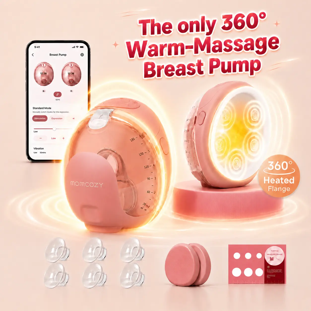 Momcozy Wellness 1 Wearable Breast Pump, Warm-Massage Hands-Free Pump with Heated Flange&Simulated Massage for Comfortable Breastfeeding&Let-Down, App-Controlled, 4 Modes 12 Levels, 180ml/6oz Milk Machine