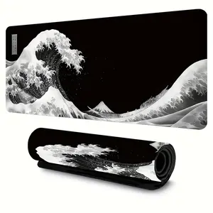 Black And White Waves, Ukiyo-E, Japanese Wave Big Wave Painting Mouse Pad Large Size Anime White Large Size XL Mouse Pad 31.5 X 11.8 Inches, Suitable for Office Gaming