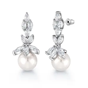 Bridal Pearl Rhodium Plated long Design CZ Earrings, Cz Earrings, Pearl Dangle Earrings, Marquise Cz Earrings