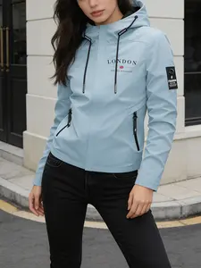 Women's Trendy Hooded Jacket (2 Colors Available) With "LONDON UNITED KINGDOM" London UK Flag Print British Retro Style Easy Pull Zipper Loose Fit Soft Fabric Casual Versatile