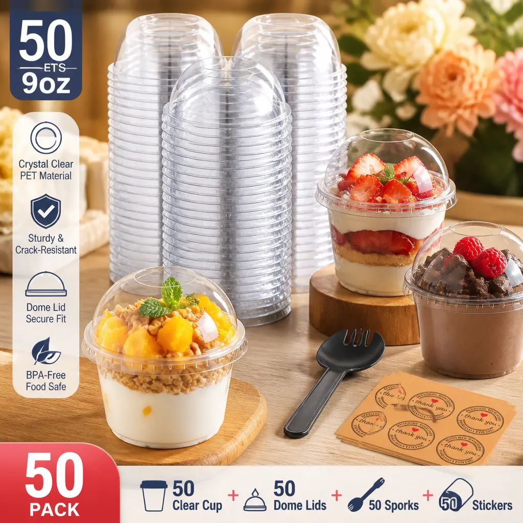 50-Pack Sturdy Transparent 9 oz PET Plastic Dessert Cups with Leak-Proof No-Hole Dome Lids, Sporks & Stickers - Ideal for Fruit, Cake (Home, Festive Party Supplies)