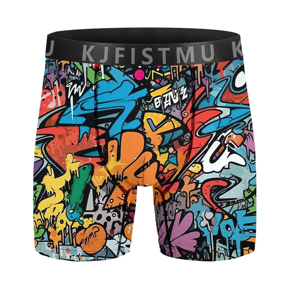 4-piece set of men's long printed boxer briefs, elastic and comfortable casual sports underwear, trendy graffiti-style prints, street style, breathable and thin fabric for sports, fitness, and daily wear Menswear Soft