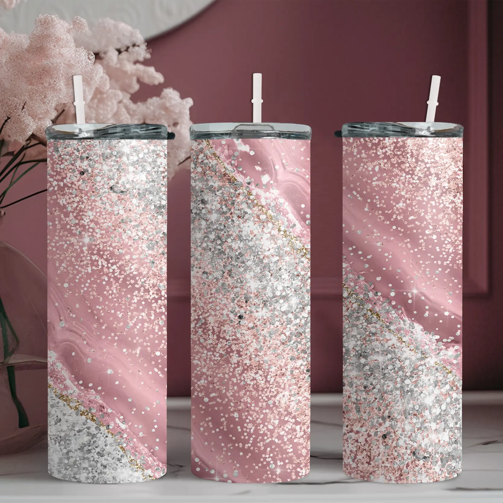 1pc 20oz Airtight Stainless Steel Water Bottle with Straw - Pink & Silver Glitter Texture Skinny Tumbler, Suitable for Fitness, Travel, Daily Use, Great Gift for Family & Friends