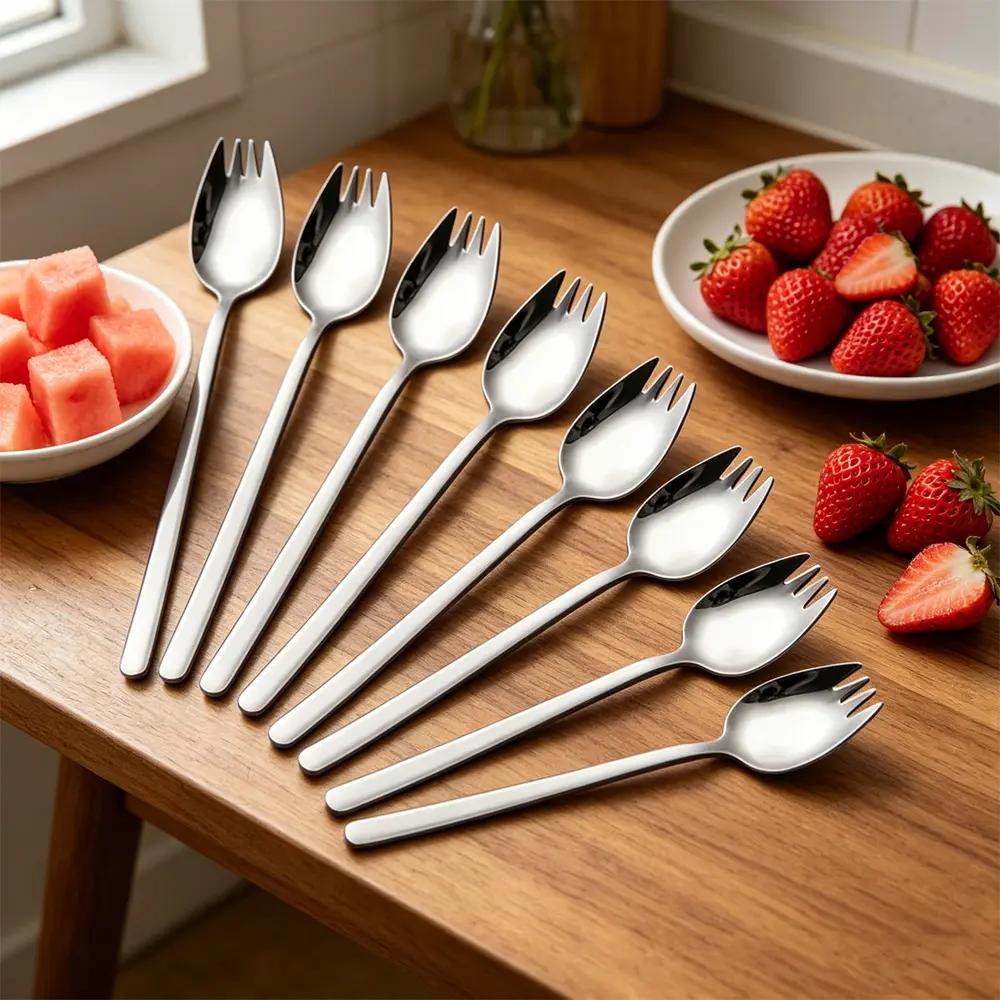 8pcs Premium Stainless Steel Spork, Everyday Household Use, 7.4inch Long Handle Dessert Ice Cream Salad Forks, Durable Spork for Fruit Appetizer Dessert,Mirror Polished,Dishwasher Safe,summerwins