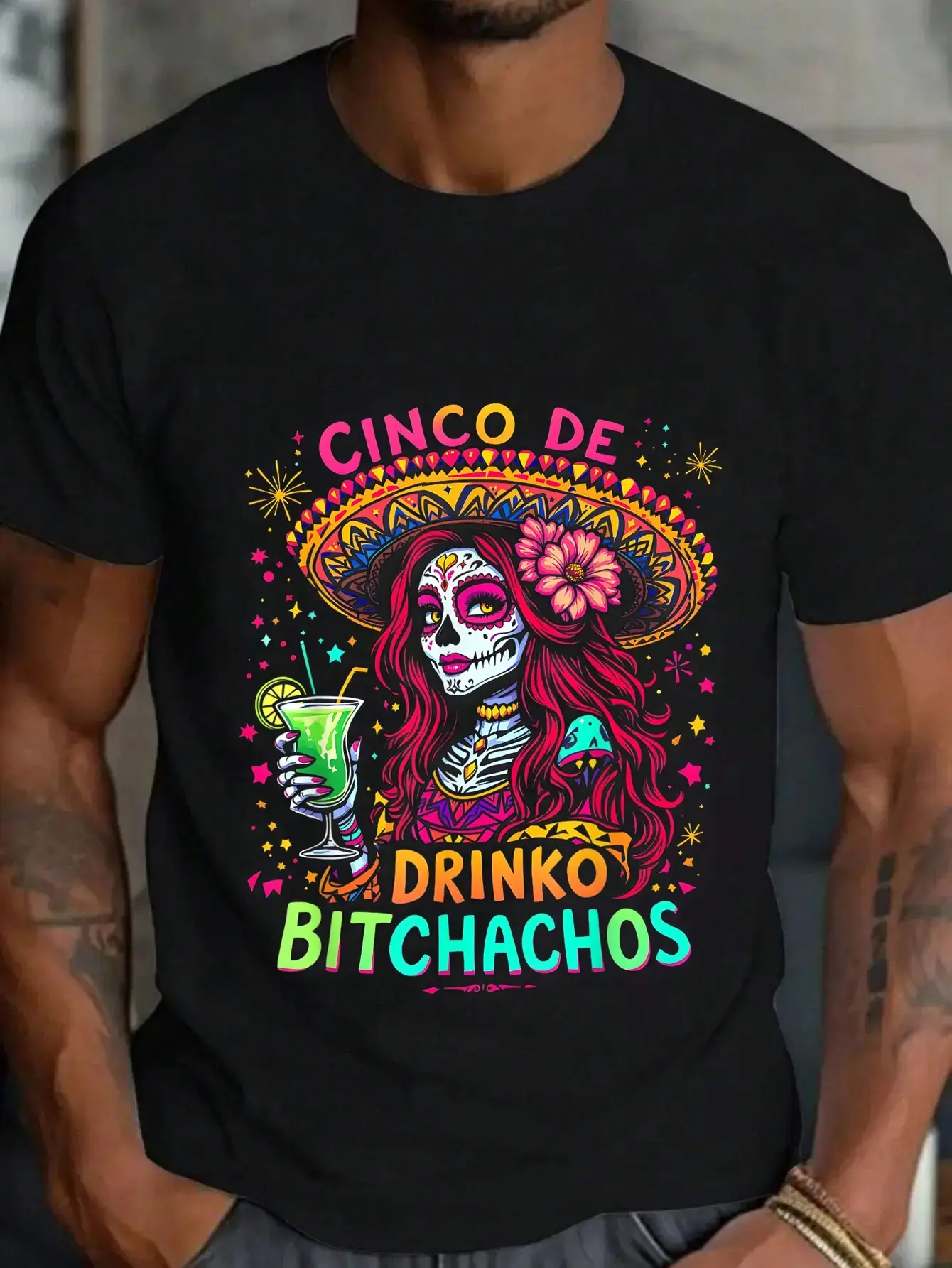 100% Cotton Cinco of Mayo Funny Mexican Party Cinco of Drinko Bitchachos T-Shirt Graphic Print Teen Street Style Loose Fit All Season Machine Washable