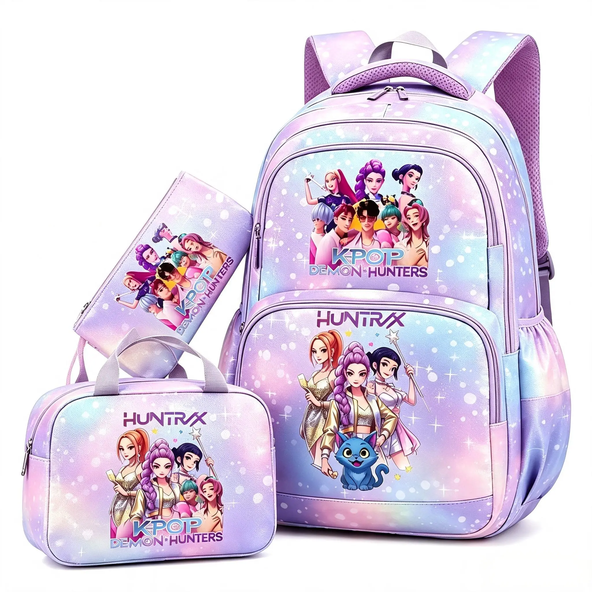 KPop Hunter Double-Shoulder Bag Large Capacity Student Backpack for Teenagers and Lunch Bag + Pen Holder + Double-Shoulder Bag 3-in-1 Girls' Backpack for School Daily Stylish and Portable