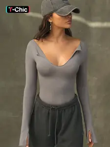 Basic U-Neck Long Sleeves Top, Casual Fashion Essential, Comfortable and Stylish, Perfect for Everyday Wear, Women's Clothing