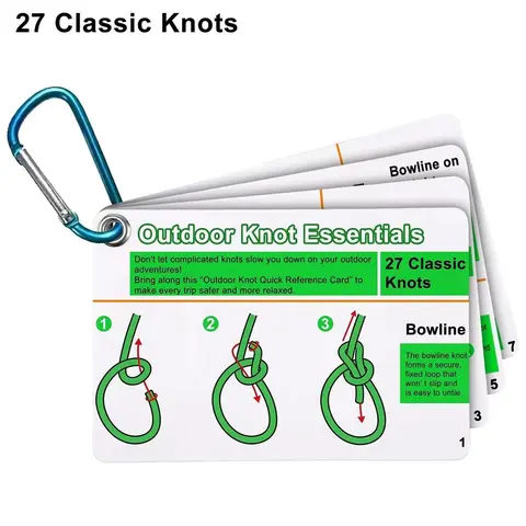 Outdoor Knot Reference Guide, 27 Best Classic Rope Knots, Mini Storage Clip, Carabiner Clip, Ideal for Survival Gear, Boating, Camping, Emergency Situations, Adventures, Secure, Quick Reference Card, Easy to Untie, Fixed Loop