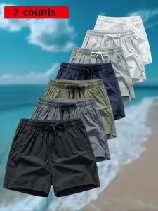 Men's Solid Color Drawstring Waist Beach Shorts, Quick Drying Breathable Shorts, Casual Comfy Men's Shorts for Beach Vacation, Swim Shorts