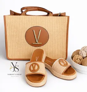 Yordy Elegant Summer Set for Women, Wallet and Sandals Natural Raffia Fabric