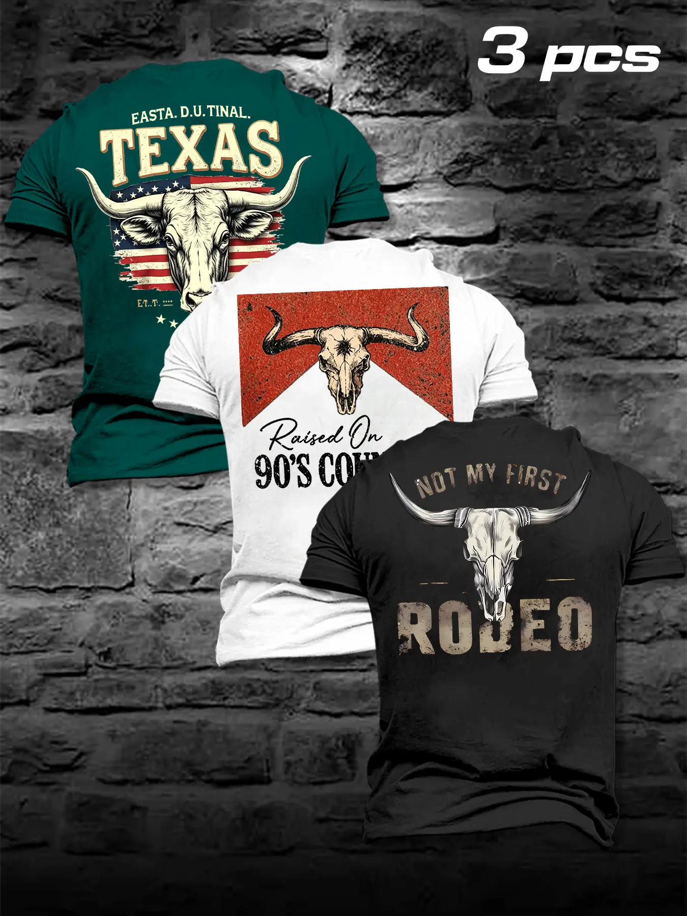 Men's Summer Western Style Bull Print T-Shirt Set, 3-Pack Vintage Look Short Sleeve Tops, Sporty Fitted Design, Plain Surface
