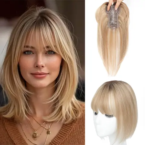 HOLFWALF 10-Inch Women's Natural Straight Human Hair Clip-In Topper with Bangs - Expanded Base, Boosted Density, Lightweight, Heat-Styleable, Non-Slip Adult Hairpiece for Grey & Thinning Hair, Daily Work Wear