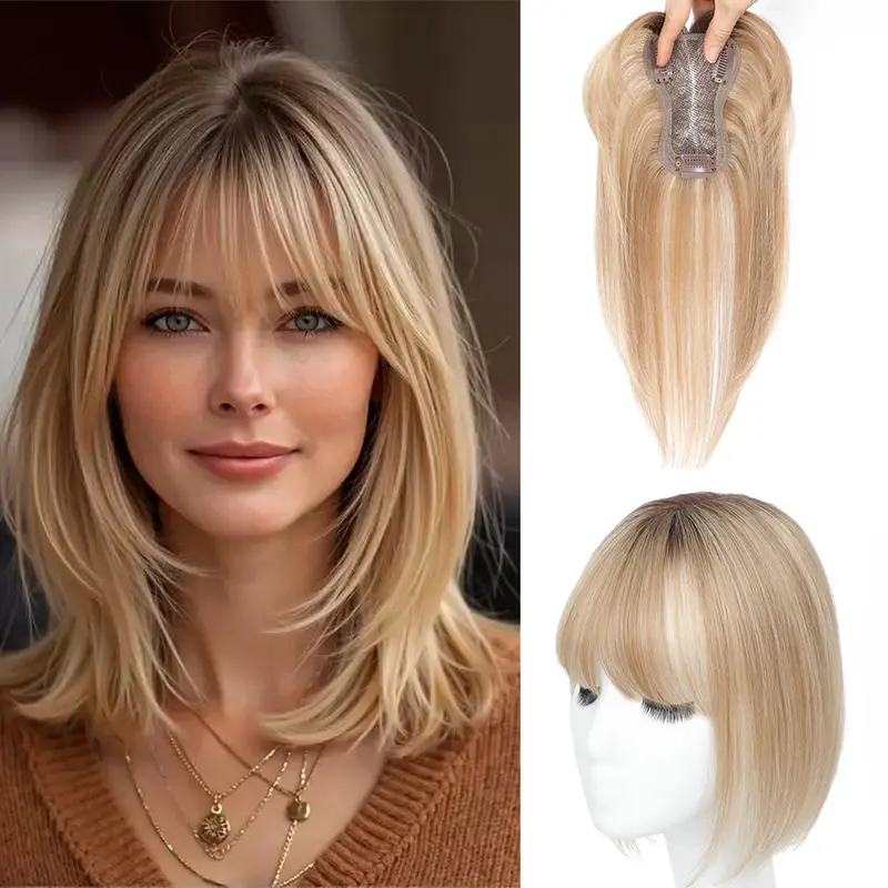 HOLFWALF 10-Inch Women's Natural Straight Human Hair Clip-In Topper with Bangs - Expanded Base, Boosted Density, Lightweight, Heat-Styleable, Non-Slip Adult Hairpiece for Grey & Thinning Hair, Daily Work Wear