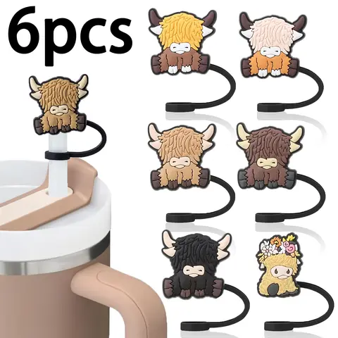 6-Piece Mountain Cow Straw Caps Set, Reusable Silicone Cartoon Cow Straw Stoppers, Straw Covers, Drinkware Accessories for 10mm Straws, Party Decorations and Cup Accessories, Drinking Gadgets