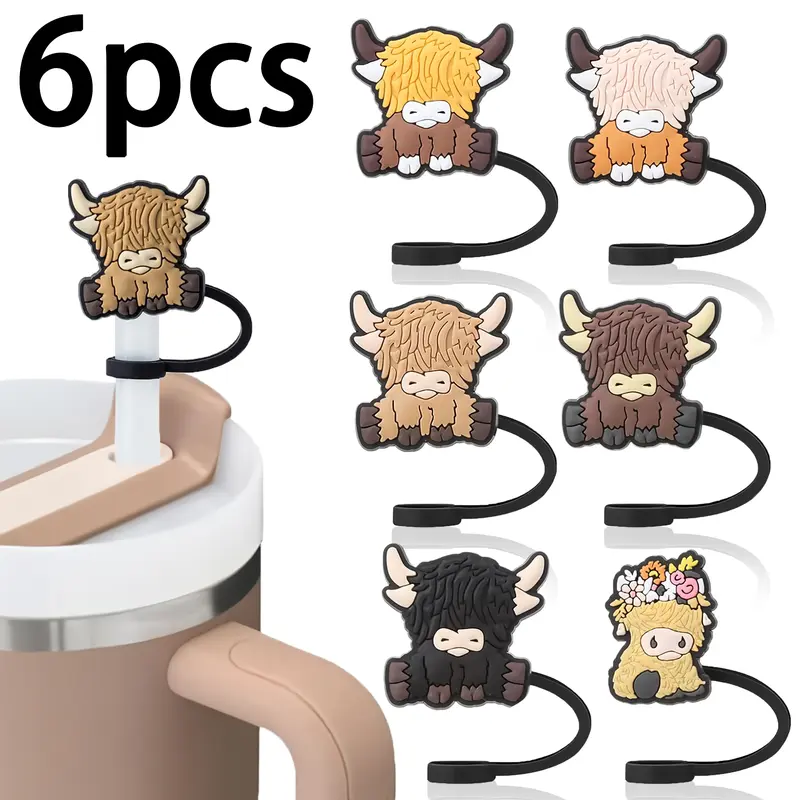 6-Piece Mountain Cow Straw Caps Set, Reusable Silicone Cartoon Cow Straw Stoppers, Straw Covers, Drinkware Accessories for 10mm Straws, Party Decorations and Cup Accessories, Drinking Gadgets