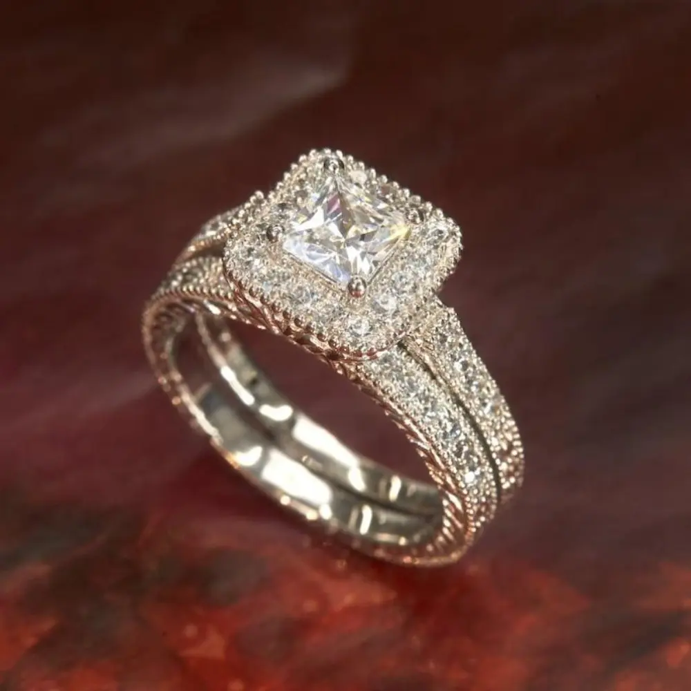 2pcs A Set Princess Bridal Ring Set, Silvery Wedding Ring, Princess Stone Halo Vintage Ring Band, 2pcs Rhinestone Engagement Rins Promise Ring Fashion Jewelry